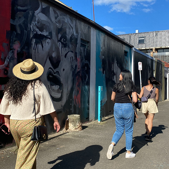 Three people exploring a laneway with large street art pieces painted on the buildings